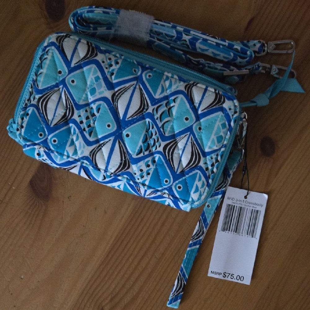 Vera Bradley "Go Fish Blue" Patterned 3in1 Crossbody